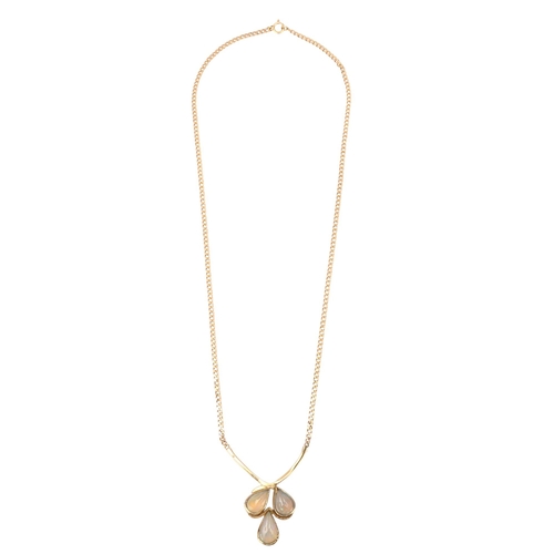 1126 - ANDRE NOIR - a bespoke 9ct gold opal droplet necklace, on 9ct flat curb link chain, pendant height 4... 