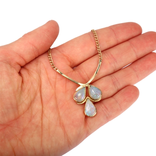 1126 - ANDRE NOIR - a bespoke 9ct gold opal droplet necklace, on 9ct flat curb link chain, pendant height 4... 