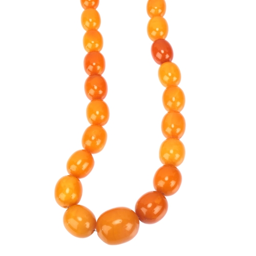 1127 - A single-strand graduated butterscotch amber bead necklace, bead lengths ranging from 25.8 - 11.5mm,... 