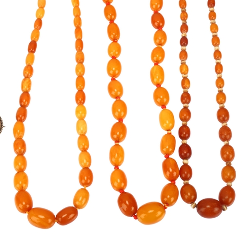 1129 - 3 single-strand graduated butterscotch amber bead necklaces, bead lengths 18.2 - 5.7mm, longest leng... 