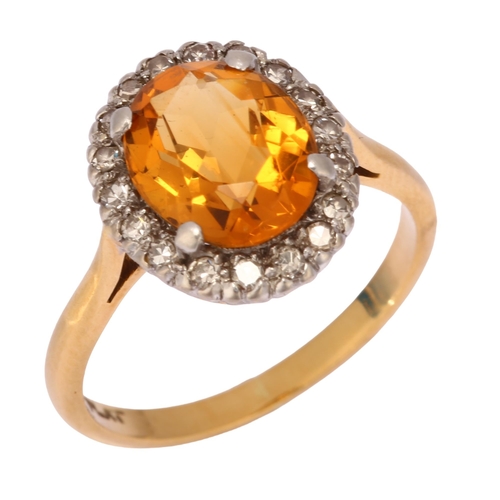 1131 - An 18ct gold citrine and diamond oval cluster ring, platinum-topped with oval mixed-cut citrine and ... 