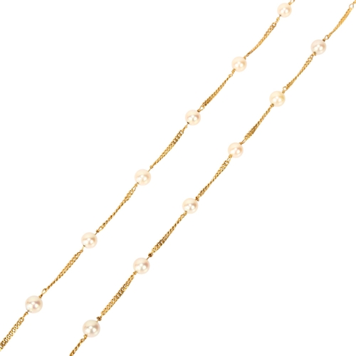 1132 - A long cultured pearl spacer chain necklace, gold flat curb links with 6.4mm pearls, necklace length... 