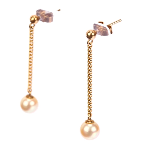 1133 - A pair of late 20th century 9ct gold pearl drop earrings, Birmingham 1988, set with 6.4mm pearls sus... 