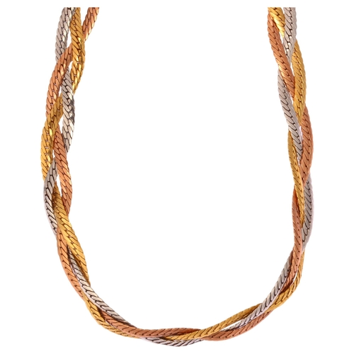 1135 - An Italian 9ct three-colour gold woven collar necklace, herringbone links, necklace length 40cm, 13.... 