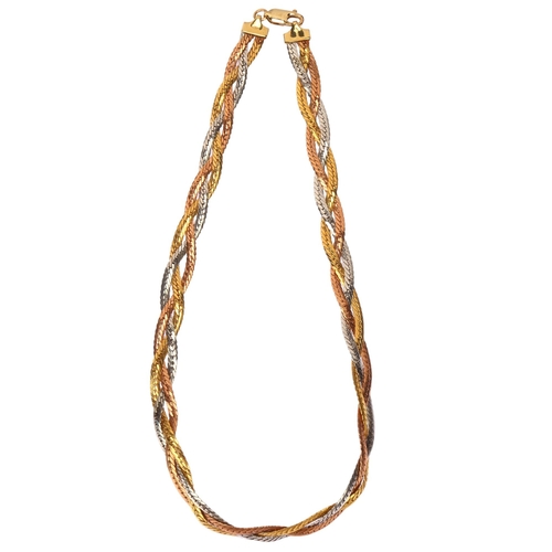 1135 - An Italian 9ct three-colour gold woven collar necklace, herringbone links, necklace length 40cm, 13.... 