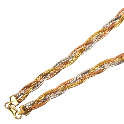 1135 - An Italian 9ct three-colour gold woven collar necklace, herringbone links, necklace length 40cm, 13.... 