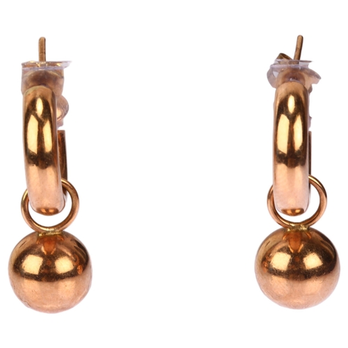 1136 - A pair of 9ct rose gold ball and hoop earrings, with stud fittings, earring height 28.7mm, 5.1g