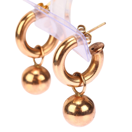 1136 - A pair of 9ct rose gold ball and hoop earrings, with stud fittings, earring height 28.7mm, 5.1g