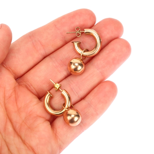 1136 - A pair of 9ct rose gold ball and hoop earrings, with stud fittings, earring height 28.7mm, 5.1g