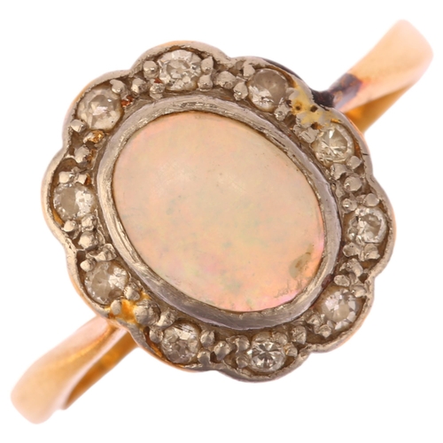 1140 - An 18ct gold opal and diamond oval cluster ring, set with oval cabochon opal and single-cut diamonds... 