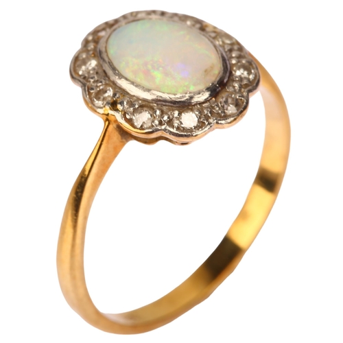 1140 - An 18ct gold opal and diamond oval cluster ring, set with oval cabochon opal and single-cut diamonds... 