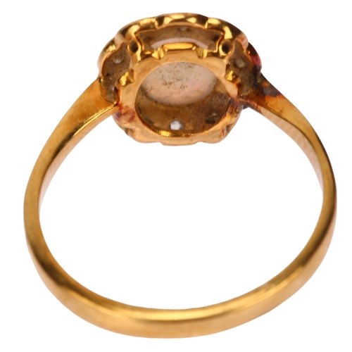 1140 - An 18ct gold opal and diamond oval cluster ring, set with oval cabochon opal and single-cut diamonds... 