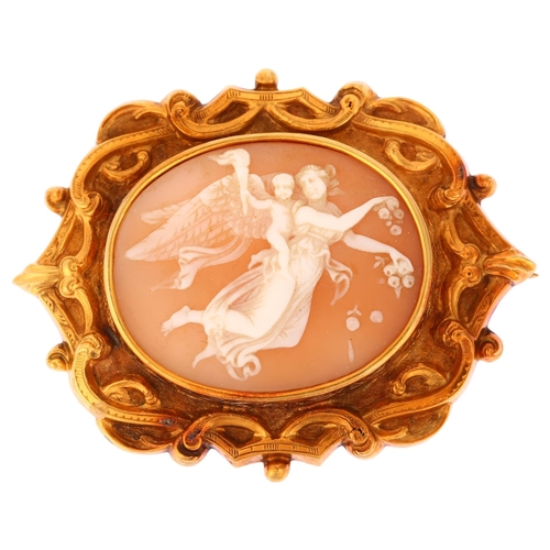 1141 - A Victorian shell cameo brooch, relief carved depicting Venus and Cupid, unmarked, engraved yellow m... 