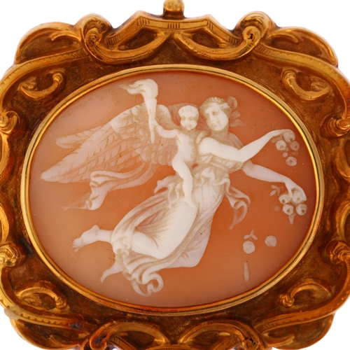 1141 - A Victorian shell cameo brooch, relief carved depicting Venus and Cupid, unmarked, engraved yellow m... 