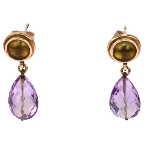 1142 - A pair of amethyst and lemon quartz drop earrings, unmarked gold settings with briolette amethysts, ... 