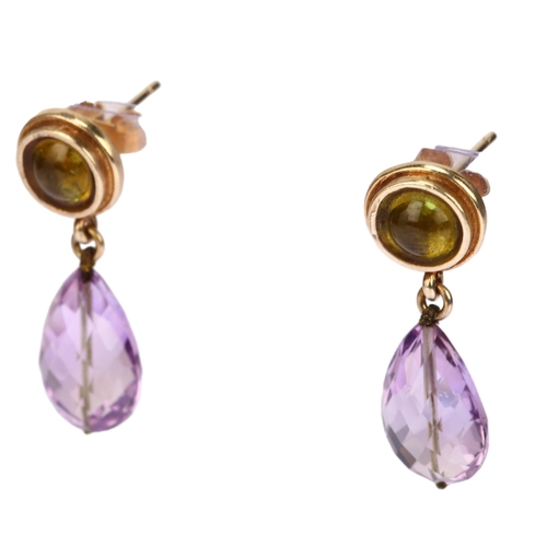 1142 - A pair of amethyst and lemon quartz drop earrings, unmarked gold settings with briolette amethysts, ... 