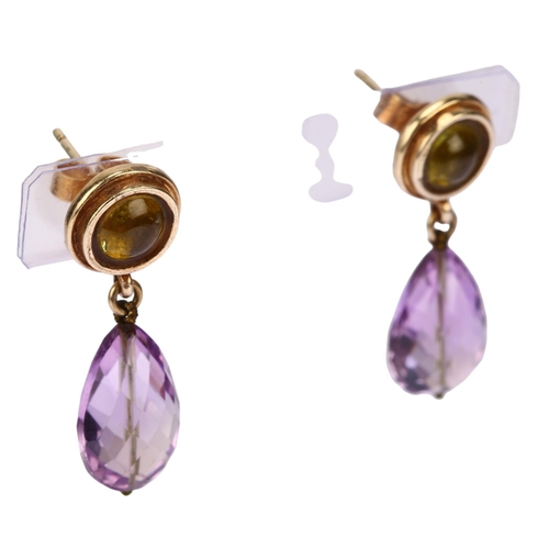 1142 - A pair of amethyst and lemon quartz drop earrings, unmarked gold settings with briolette amethysts, ... 