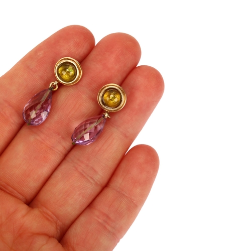 1142 - A pair of amethyst and lemon quartz drop earrings, unmarked gold settings with briolette amethysts, ... 