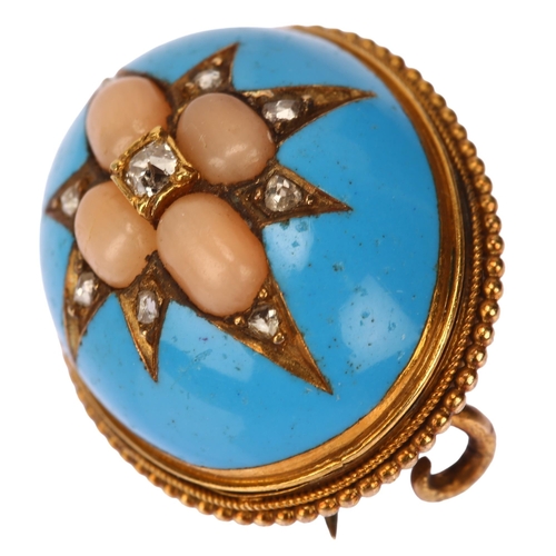 1143 - A Victorian coral diamond and blue enamel bombe brooch, unmarked yellow metal settings with bead edg... 