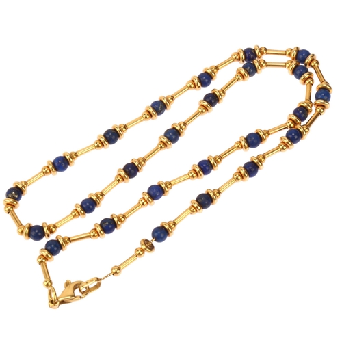 1151 - An Italian 18ct gold lapis lazuli spacer chain necklace, lapis diameter 4.4mm, necklace length 40cm,... 