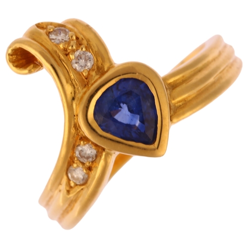 1154 - An 18ct gold sapphire and diamond crossover ring, maker's mark YC, import London 1990, set with pear... 