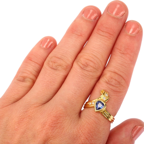 1154 - An 18ct gold sapphire and diamond crossover ring, maker's mark YC, import London 1990, set with pear... 