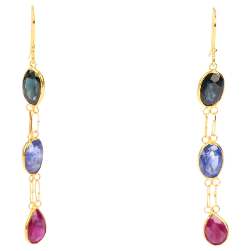 1155 - A pair of vari-hue sapphire and ruby drop earrings, unmarked 14ct gold settings with shepherd hook f... 