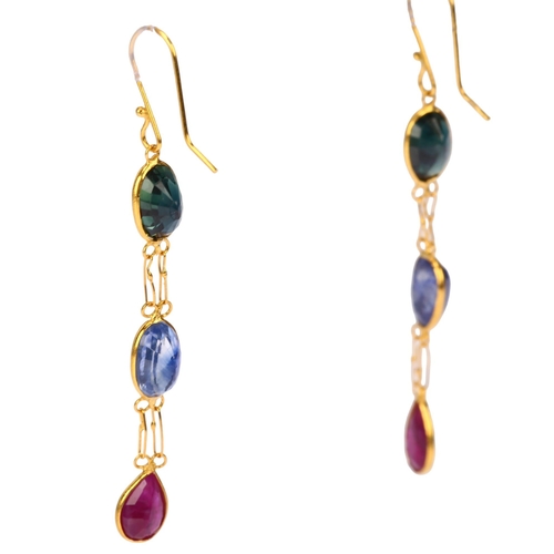 1155 - A pair of vari-hue sapphire and ruby drop earrings, unmarked 14ct gold settings with shepherd hook f... 