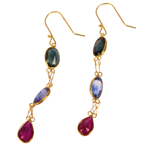 1155 - A pair of vari-hue sapphire and ruby drop earrings, unmarked 14ct gold settings with shepherd hook f... 