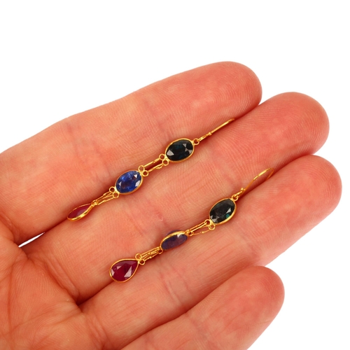 1155 - A pair of vari-hue sapphire and ruby drop earrings, unmarked 14ct gold settings with shepherd hook f... 