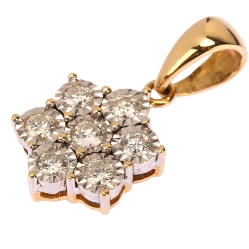 1157 - An 18ct gold diamond flowerhead cluster drop pendant, illusion settings with modern round brilliant-... 