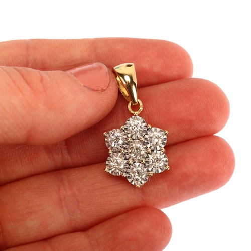 1157 - An 18ct gold diamond flowerhead cluster drop pendant, illusion settings with modern round brilliant-... 