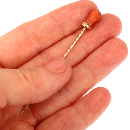 1160 - An Italian 19th century coral head stickpin, circa 1870, unmarked gold settings, head height 11.7mm,... 