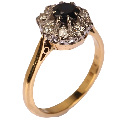 1162 - An 18ct gold sapphire and diamond flowerhead cluster ring, set with round-cut sapphire and modern ro... 