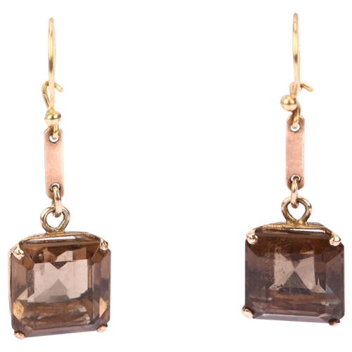 1168 - A pair of 9ct gold smoky quartz drop earrings, set with square step-cut quartz and shepherd hook fit... 