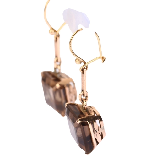 1168 - A pair of 9ct gold smoky quartz drop earrings, set with square step-cut quartz and shepherd hook fit... 