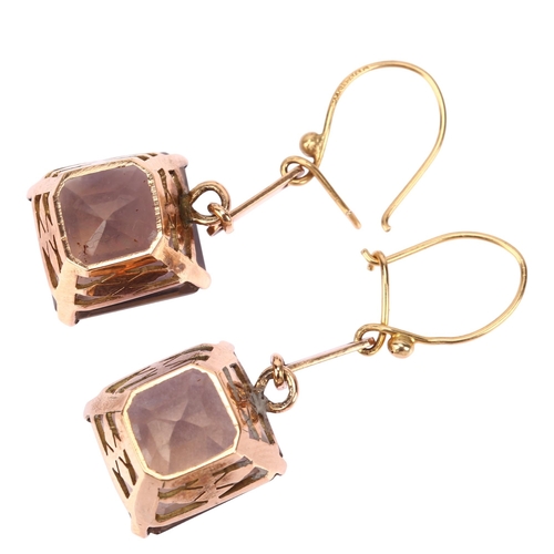 1168 - A pair of 9ct gold smoky quartz drop earrings, set with square step-cut quartz and shepherd hook fit... 