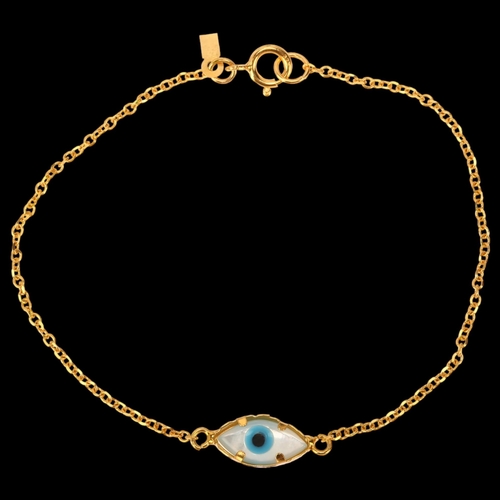 1172 - A modern 14ct gold mother-of-pearl 'Evil Eye' bracelet, length 15cm, 0.8g