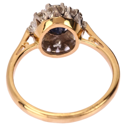 1190 - An 18ct gold sapphire and diamond oval cluster ring, set with oval mixed-cut sapphire and single-cut... 