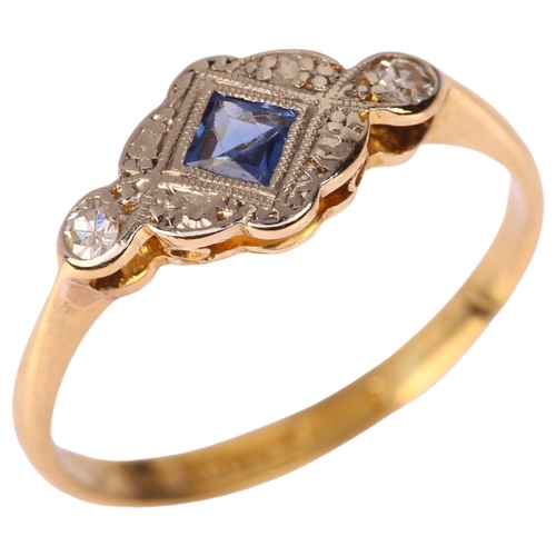 1202 - An Art Deco 18ct gold sapphire and diamond panel ring, maker PFJ, platinum-topped with calibre-cut s... 