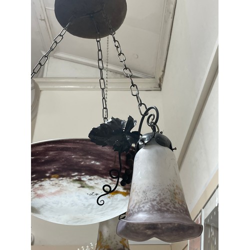 165 - A French wrought-iron and coloured glass hanging light fitting, with central bowl and 3 pendant ligh... 