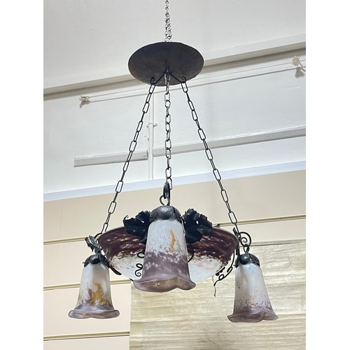 165 - A French wrought-iron and coloured glass hanging light fitting, with central bowl and 3 pendant ligh... 