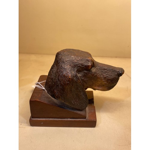 43 - A Black Forest carved and stained wood sculpture of a hound's head, with glass eyes, on block base, ... 