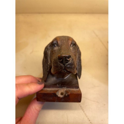 43 - A Black Forest carved and stained wood sculpture of a hound's head, with glass eyes, on block base, ... 