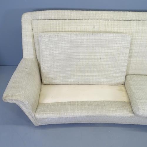 2578 - A mid-century cream upholstered 4 seater sofa on castors. 218x88x84cm. Seat - 175x40x56cm.