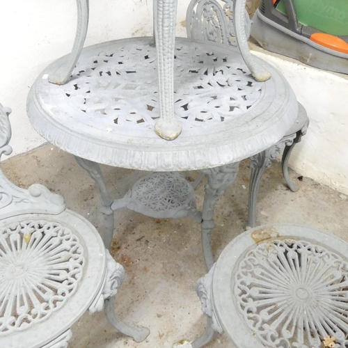 2580 - A cast iron continental style painted two-tier garden table, 70x73cm, with four matching chairs.