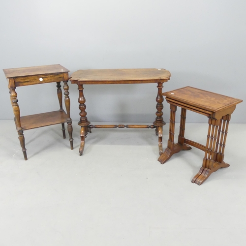 2586 - A mahogany nest of three tables, a two tier side table, 50x77x35cm, and a stretcher table (3).