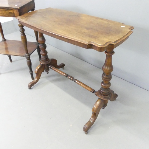 2586 - A mahogany nest of three tables, a two tier side table, 50x77x35cm, and a stretcher table (3).