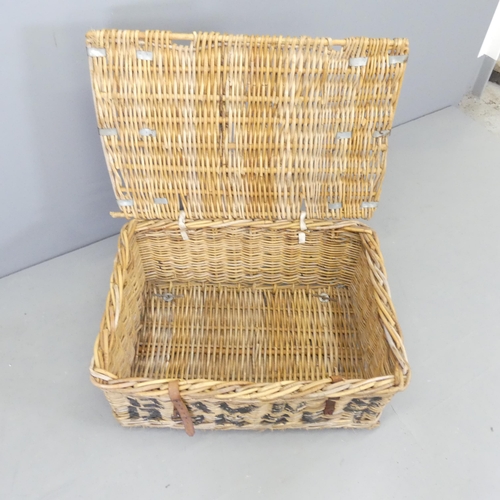 2592 - A vintage wicker laundry basket, named Dawn & Dorset. 67x32x55cm.