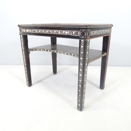 2638 - An antique ebonised two-tier side table, with felted slide and bone inlaid decoration, 57x50x48cm, a... 